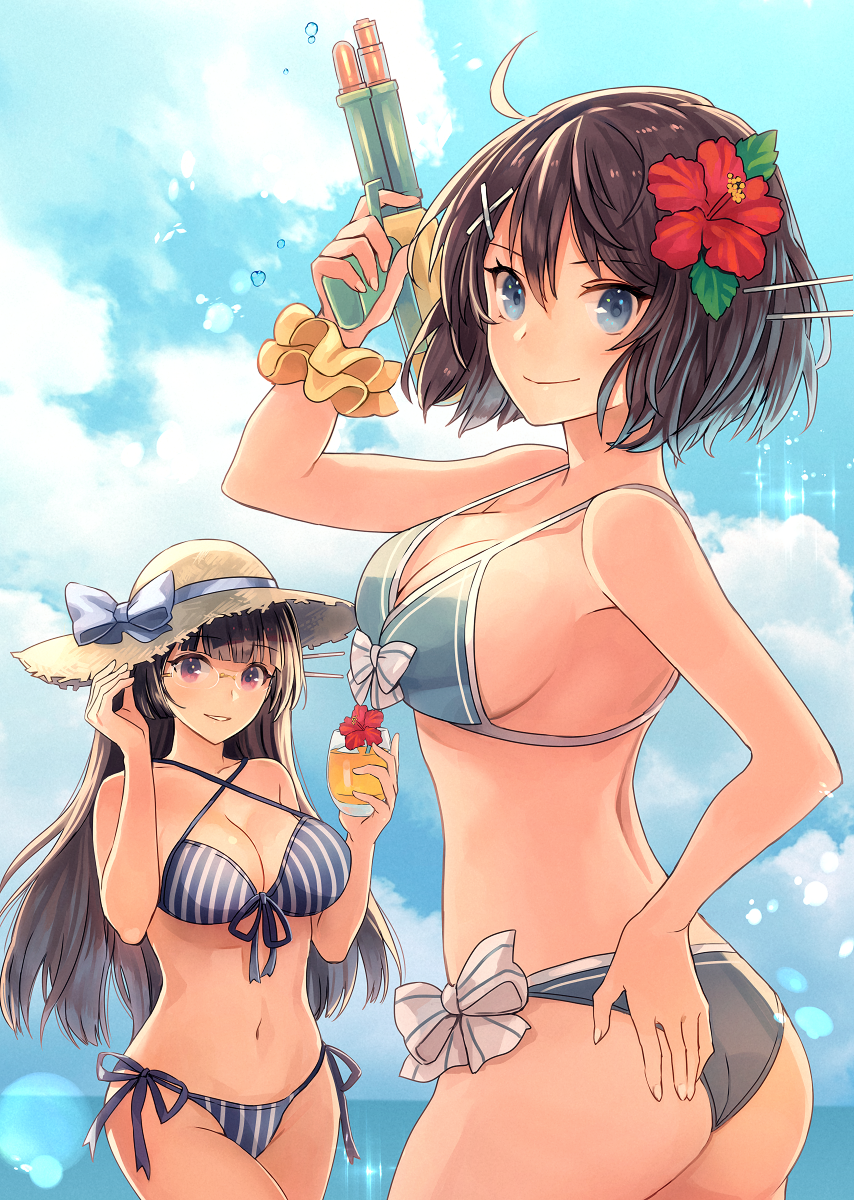 2girls, ahoge, ass, back, beach, belly, bikini, black_hair