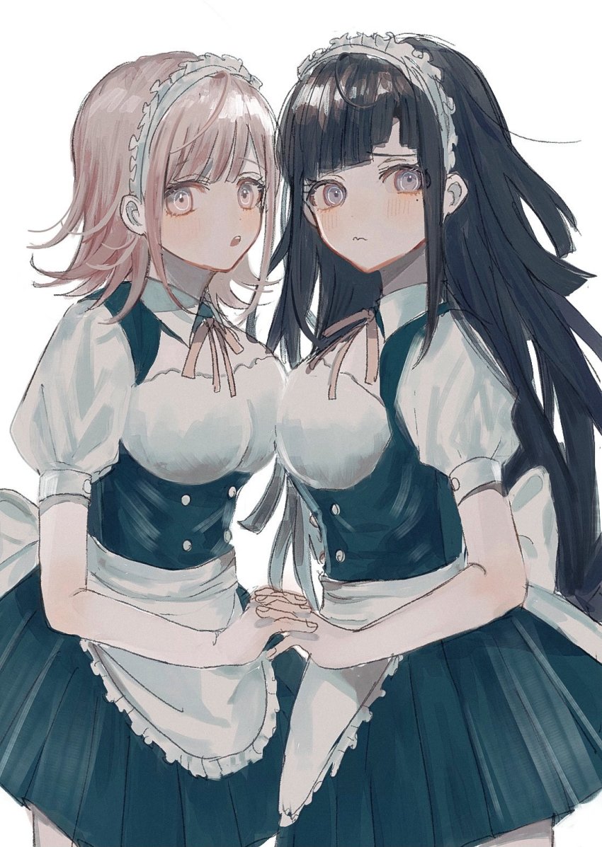 2girls, alternate_costume, apron, bandages, black_hair, blunt_bangs, blush, breasts