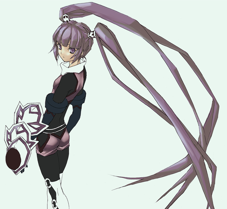 1girl, ass, female_focus, gauntlets, long_hair, partially_colored, purple_eyes, purple_hair