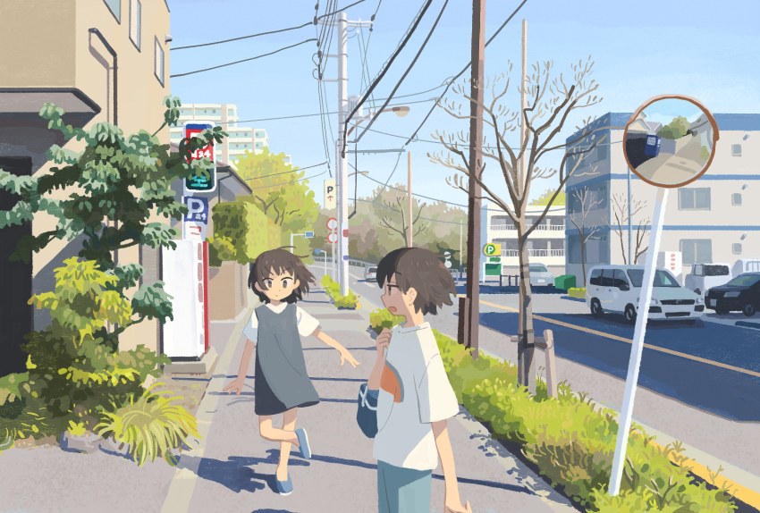 1boy, 1girl, blouse, blue_dress, blue_footwear, blue_sky, brown_eyes, brown_hair, building, bush, car, cat, closed_mouth, commentary_request, day, denim, dress, highres, jeans, lamppost, mirror, motor_vehicle, muji_(uimss), open_mouth, original, outdoors, pants, power_lines, profile, road, road_sign, shadow, shirt, shoes, short_hair, short_sleeves, shoulder_pads, sign, sky, sleeveless, sleeveless_dress, slice_of_life, standing, standing_on_one_leg, street, t-shirt, traffic_mirror, tree, utility_pole, v-shaped_eyebrows, van, vending_machine, white_shirt