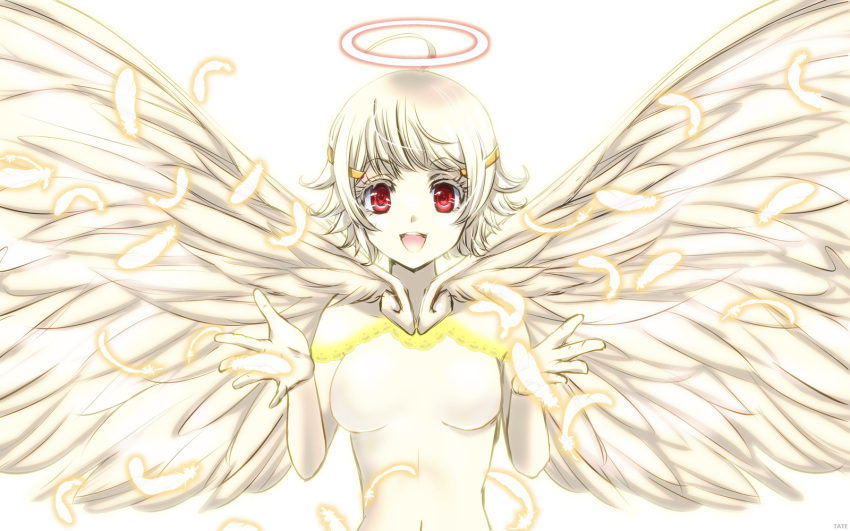 1girl, :d, ahoge, angel, angel_wings, breasts, circlet, colored_eyelashes