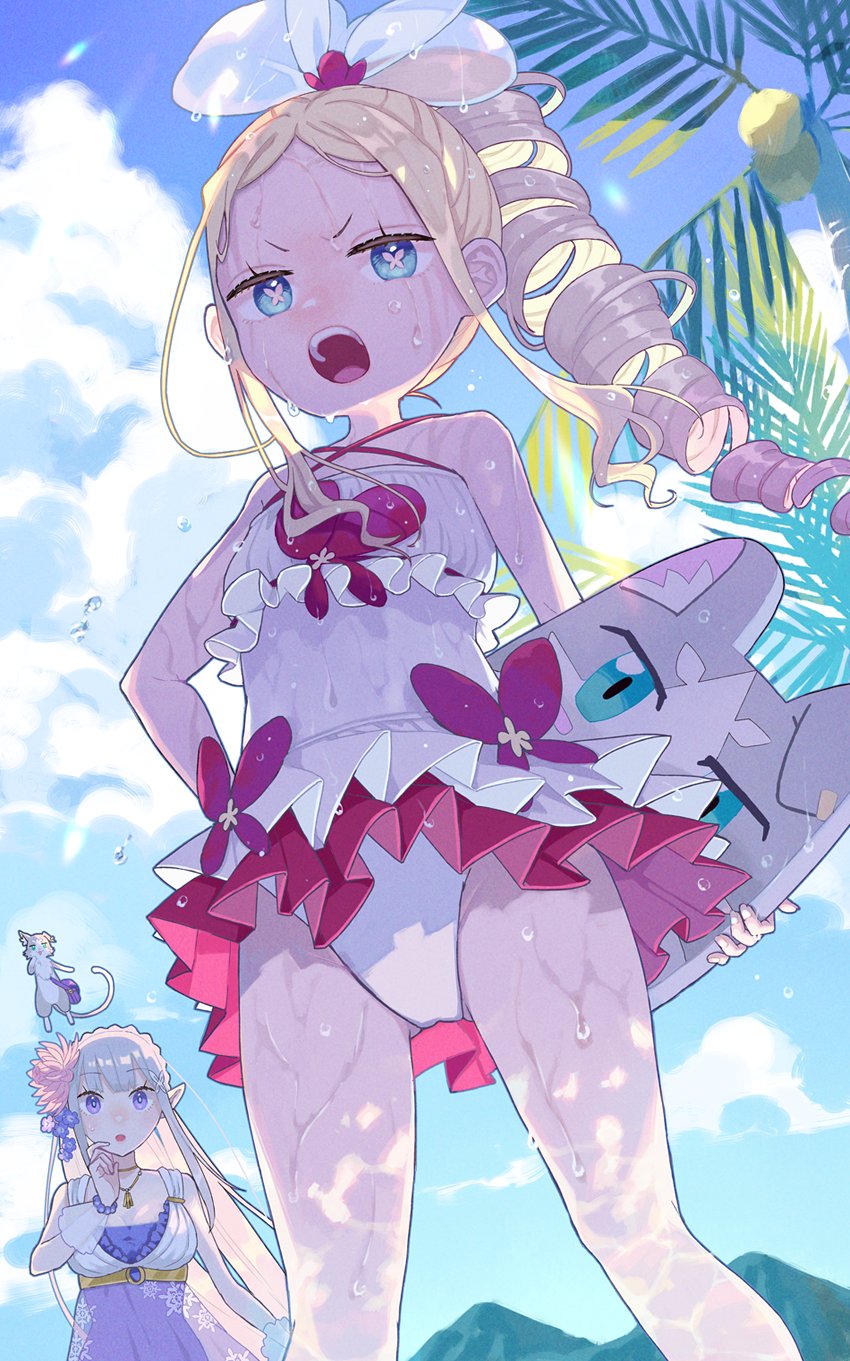 2girls, alternate_costume, alternate_hairstyle, bare_arms, bead_bracelet, beads, beatrice_(re:zero), blonde_hair, blue_eyes, bracelet, butterfly-shaped_pupils, cat, character_print, cloud, commentary_request, covered_navel, day, drill_hair, drill_ponytail, emilia_(re:zero), eyelashes, from_below, hair_ribbon, hand_up, highres, jewelry, long_hair, multiple_girls, necklace, one-piece_swimsuit, open_mouth, outdoors, parupin, puck_(re:zero), re:zero_kara_hajimeru_isekai_seikatsu, re:zero_kara_hajimeru_isekai_seikatsu:_lost_in_memories, ribbon, sidelocks, sky, swimsuit, symbol-shaped_pupils, teeth, tongue, upper_teeth_only, v-shaped_eyebrows, wet, white_one-piece_swimsuit, white_ribbon