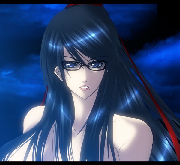 1girl, bad_id, bad_pixiv_id, bayonetta, bayonetta_(series), bayonetta_1, black_hair, blue_eyes, female_focus, glasses, juri_(shiningred), jyuri_(artist), long_hair, mole, mole_under_mouth, solo, topless_female