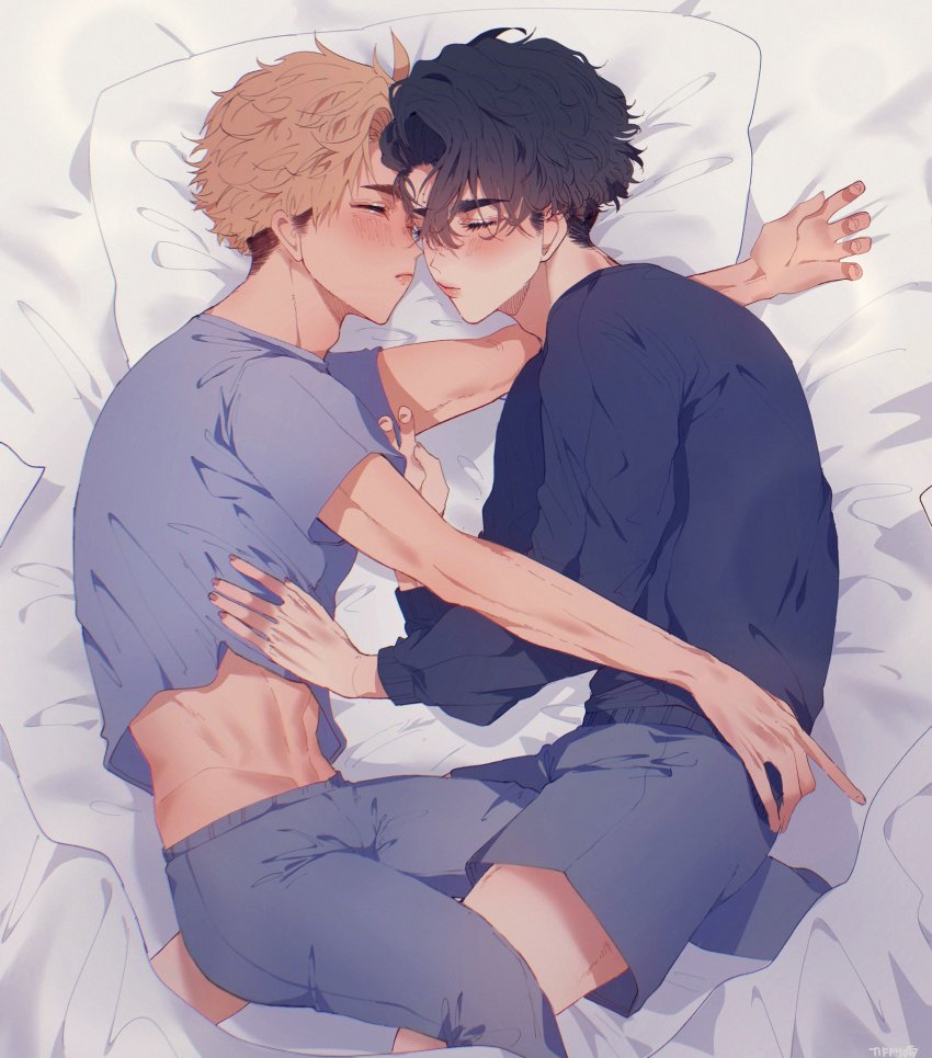 2boys, bed, black_hair, blouse, closed_eyes, grey_shirt, haikyuu!!, highres, indoors, lying, miya_atsumu, multiple_boys, sakusa_kiyoomi, shirt, short_hair, sleeping, tiffyuumaeda, under_covers, yaoi