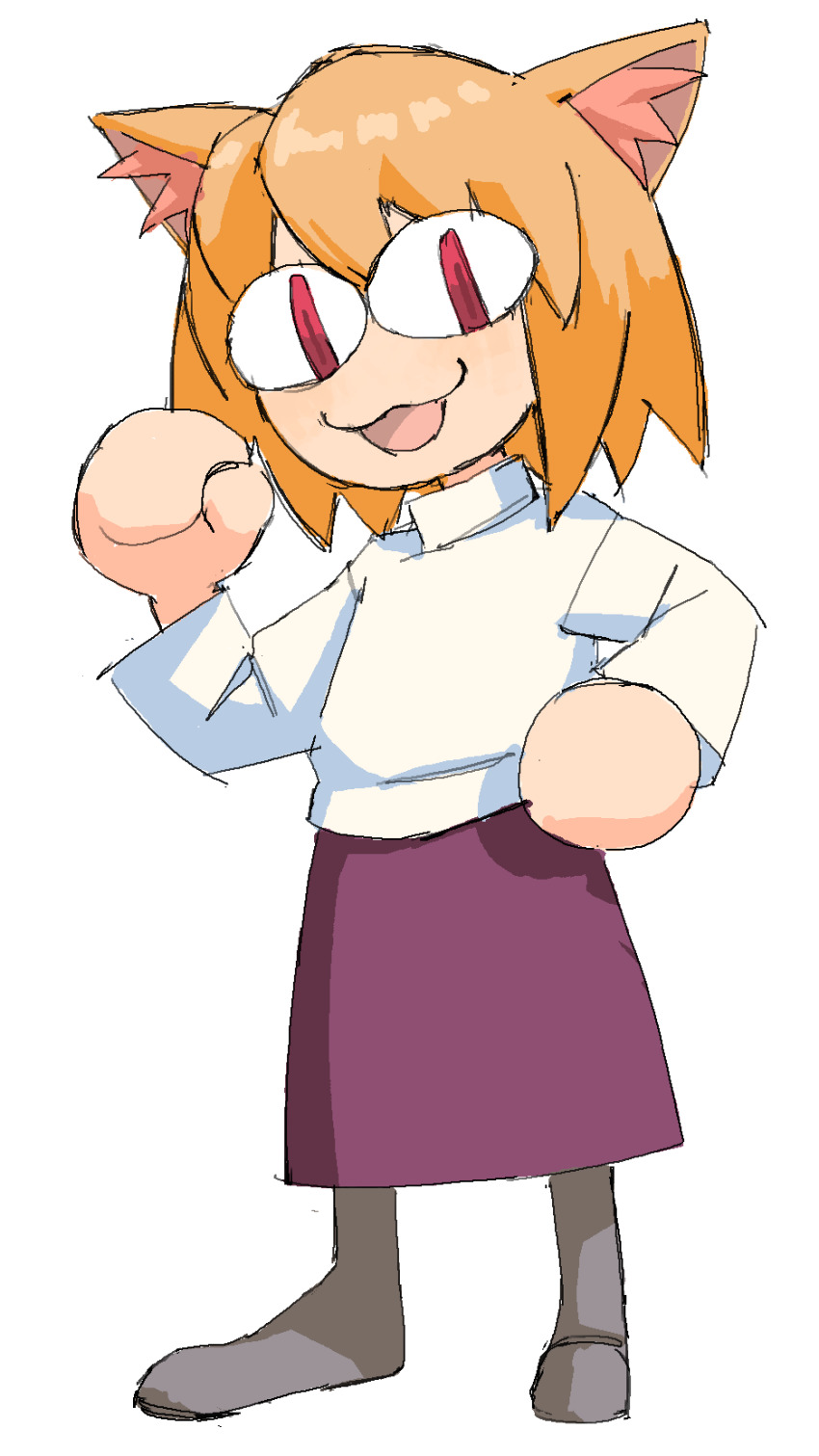 1girl, :3, absurdres, animal_ears, cat_ears, circle_hands, full_body, grey_footwear, highres, long_skirt, long_sleeves, looking_at_viewer, neco-arc, orange_hair, pantsu-ripper, purple_skirt, red_eyes, shirt, short_hair, simple_background, skirt, slit_pupils, tagme, tsukihime, type-moon, white_background, white_shirt