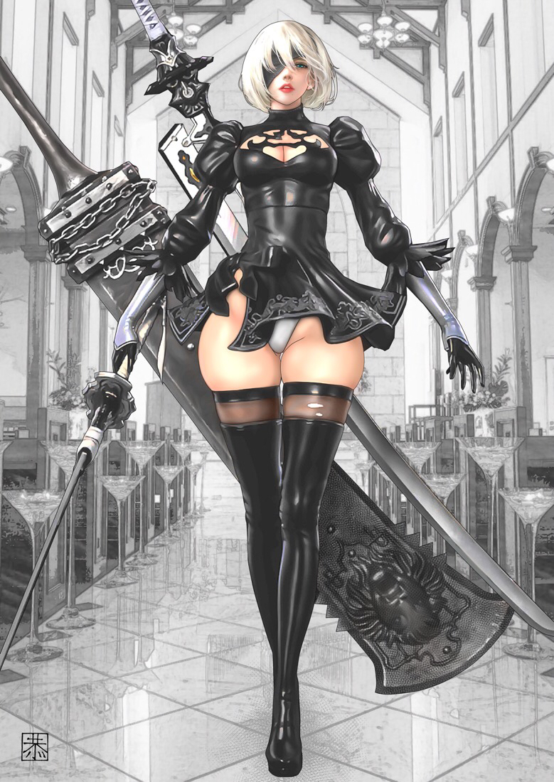 1girl, blindfold, blue_eyes, boots, breasts, broadsword, cleavage, cleavage_cutout, clothing_cutout, dress, eyepatch, gloves, indoors, katana, kyo, kyo_(osaka), lipstick, looking_at_viewer, makeup, nier_(series), nier:automata, short_dress, solo, sword, thick_thighs, thigh_boots, thighhighs, thighhighs_under_boots, thighs, weapon, white_hair, 2b_(nier:automata)