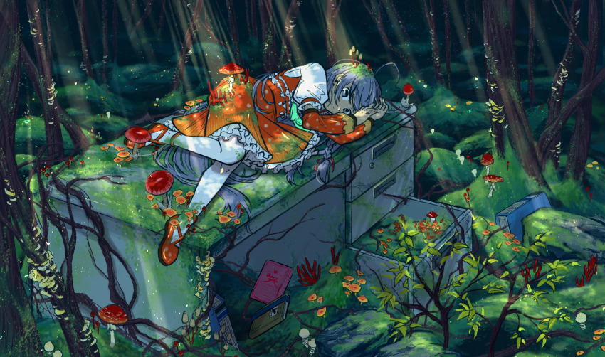 1girl, absurdres, ahoge, closed_mouth, commentary_request, dappled_sunlight, day, desk