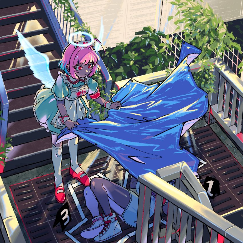 1girl, 1other, absurdres, ahoge, angel_wings, apron, aqua_dress, aqua_hair, blanket, breasts, closed_mouth, commentary_request, corpse, crime_scene, cross-laced_footwear, day, death, dress, feathered_wings, frilled_apron, frilled_shirt_collar, frills, from_above, hair_intakes, halo, headdress, highres, holding, holding_blanket, idolmaster, idolmaster_cinderella_girls, kanauo_(tansui_kanauo), long_eyelashes, lying, mary_janes, medium_breasts, medium_hair, multicolored_hair, on_side, outdoors, over-kneehighs, petticoat, pink_eyes, pink_hair, pink_shoes, plant, puffy_short_sleeves, puffy_sleeves, railing, shoes, short_sleeves, slit_pupils, solo_focus, stairs, standing, streaked_hair, thighhighs, traditional_halo, trellis, tsurime, two-tone_hair, vines, white_apron, white_footwear, white_thighhighs, white_wings, wings, wrist_cuffs, yami_kawaii, yumemi_riamu