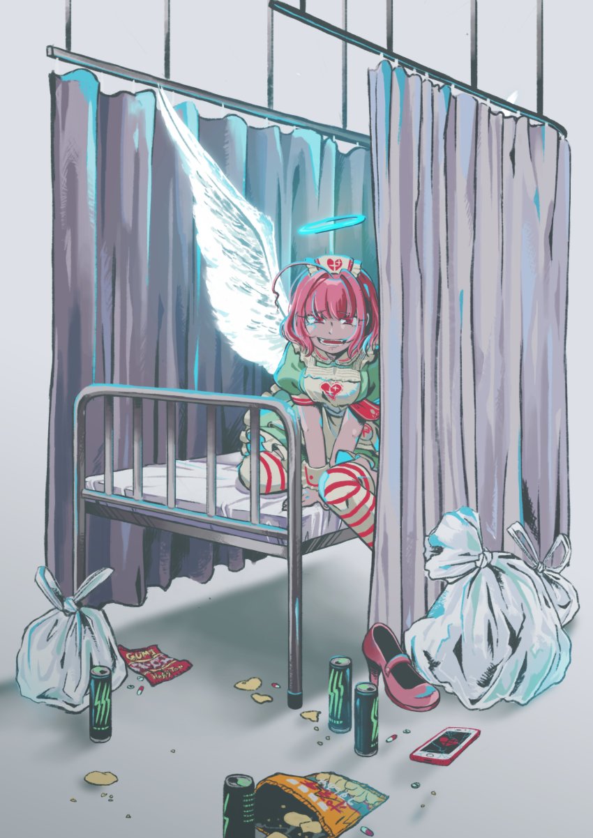 1girl, absurdres, ahoge, angel_wings, apron, aqua_hair, bag, bed