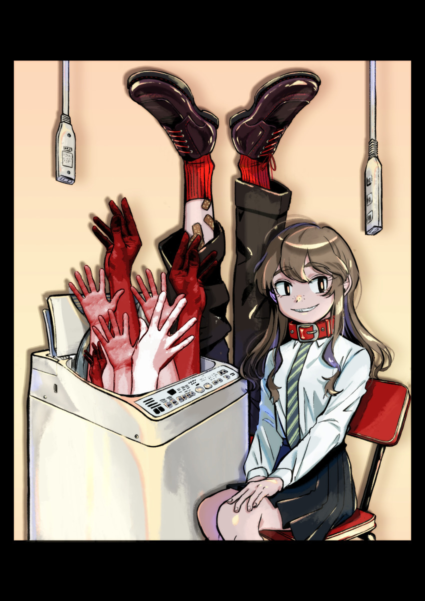 1girl, absurdres, bandaid, bandaid_on_leg, beige_background, black_border, black_eyes, black_footwear