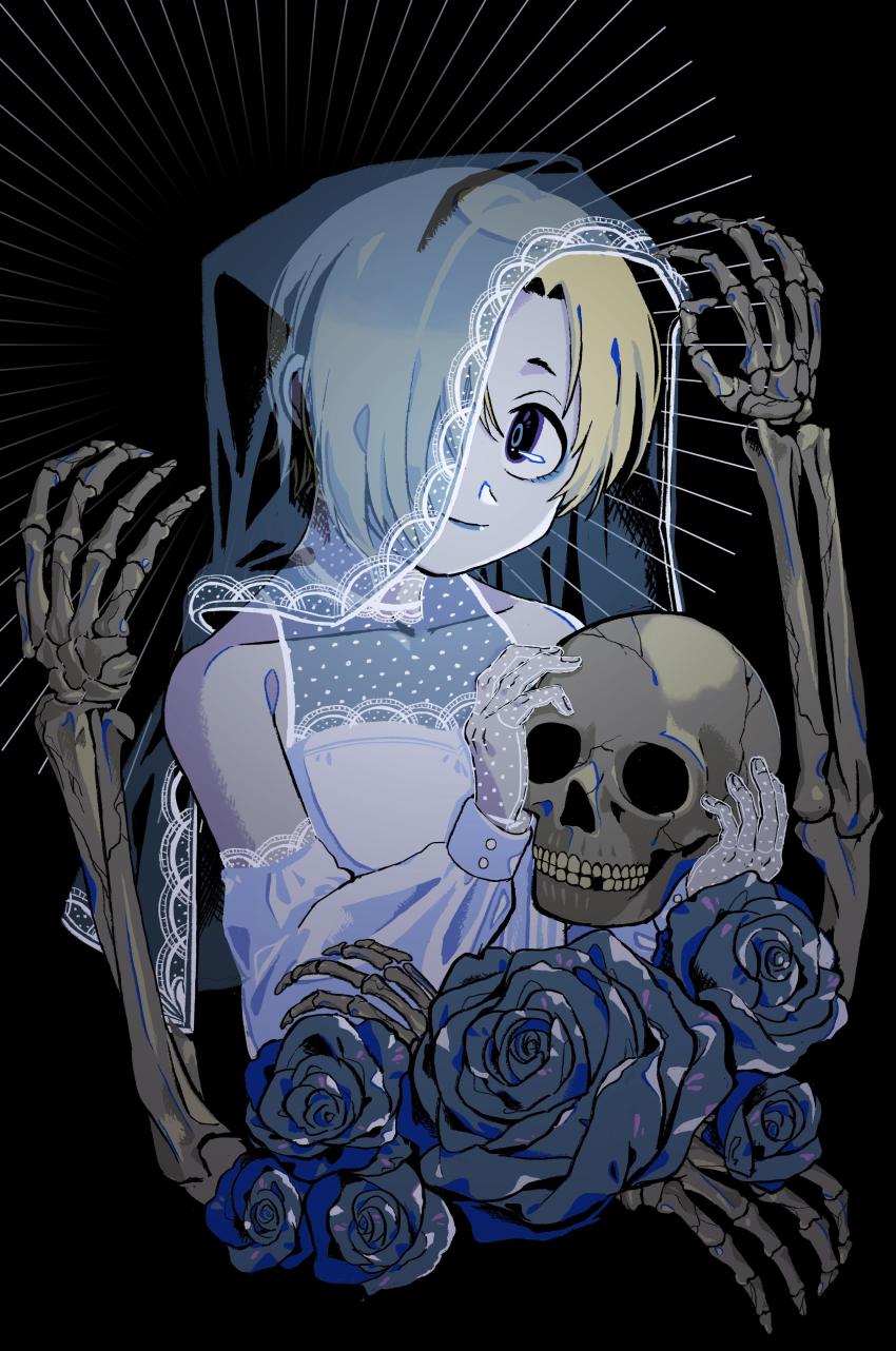 1girl, absurdres, bare_shoulders, black_background, blonde_hair, blue_eyes, blue_flower, blue_lips