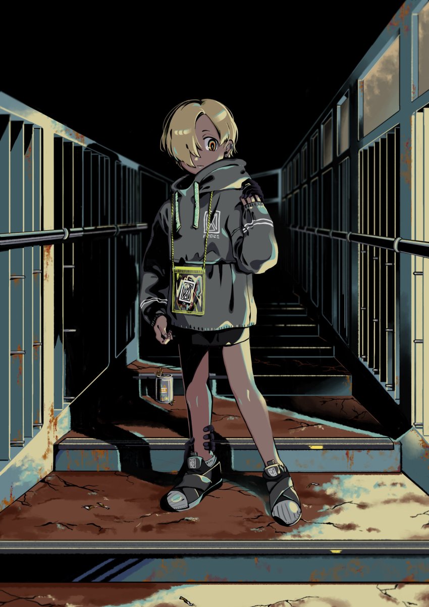 1girl, absurdres, aqua_eyes, arm_at_side, bag, blonde_hair, can, cellphone, cigarette_butt, closed_mouth, crack, dark, disembodied_hand, drawstring, earclip, earrings, full_body, grey_footwear, grey_hoodie, hair_over_one_eye, hand_up, high_collar, high_contrast, highres, holding_hands, hood, hood_down, hoodie, idolmaster, idolmaster_cinderella_girls, jewelry, kanauo_(tansui_kanauo), leg_grab, looking_at_viewer, multicolored_eyes, outdoors, phone, railing, shadow, shirasaka_koume, shoes, short_hair, smartphone, sneakers, solo_focus, stairs, standing, yellow_eyes