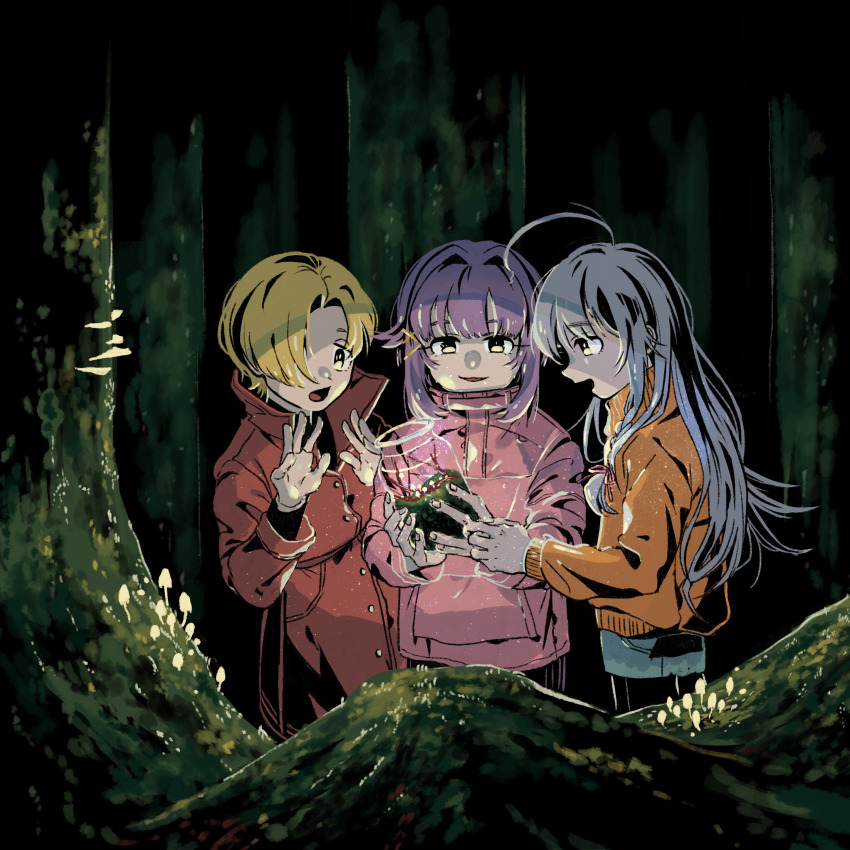 3girls, absurdres, ahoge, blonde_hair, braid, coat, dark, forest