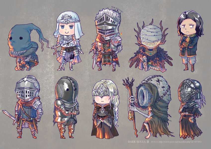 1other, 3girls, 6+boys, anri_of_astora, armor, ashen_one_(dark_souls), blindfold_mask, chibi, cocoon_(yuming4976), cornyx_of_the_great_swamp, covered_eyes, covered_face, dark_souls_(series), dark_souls_iii, fire_keeper, greirat_of_the_undead_settlement, helmet, horace_the_hushed, long_hair, mask, multiple_boys, multiple_girls, orbeck_of_vinheim, sirris_of_the_sunless_realms, staff, weapon, yoel_of_londor, yuria_of_londor
