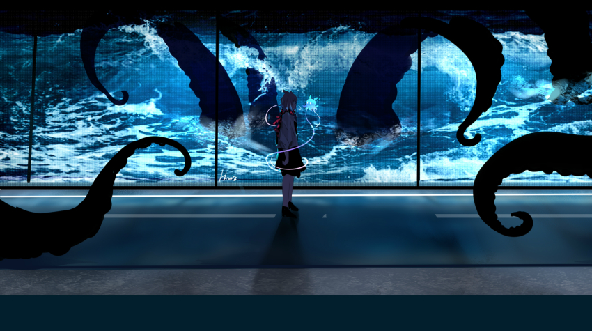 1girl, arknights, black_hair, blue_eyes, deepcolor_(arknights), deepcolor_(elite_ii)_(arknights), glowing, glowing_eyes