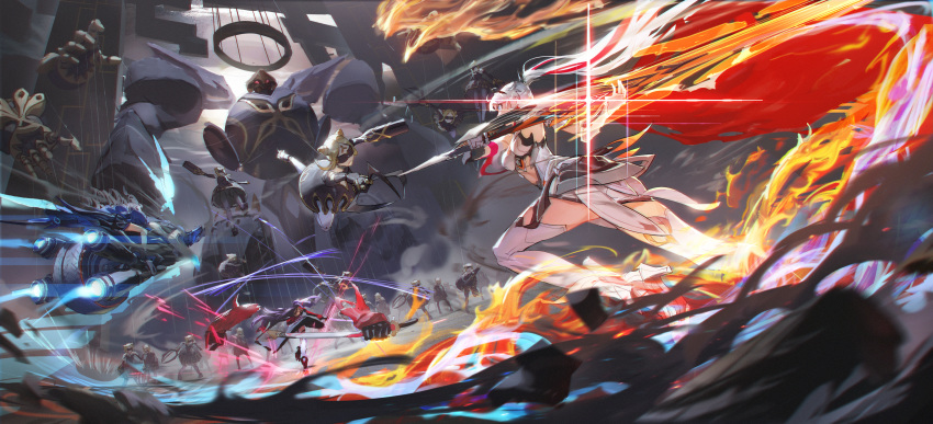 3girls, absurdres, armor, back, boots, breasts, bronya_zaychik, bronya_zaychik_(herrscher_of_reason)