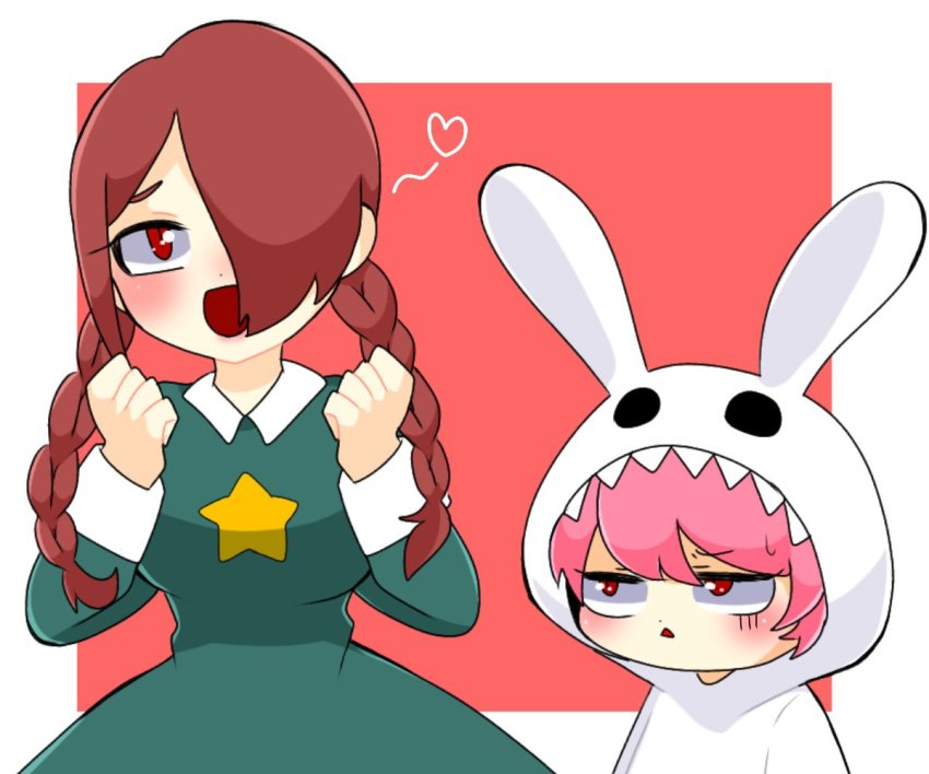 2girls, alternate_costume, alternate_eye_color, alternate_hairstyle, annie_(skullgirls)_(cosplay), blush, border, braid