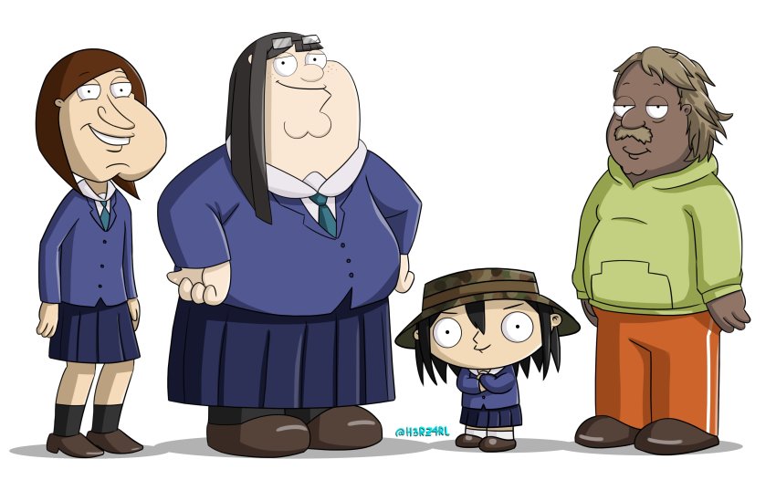 absurdres, asakusa_midori_(cosplay), cleveland_brown, cosplay, doumeki_parker_(cosplay), eizouken_ni_wa_te_wo_dasu_na!, family_guy, glenn_quagmire, hat, highres, kanamori_sayaka_(cosplay), mizusaki_tsubame_(cosplay), parody, peter_griffin, stewie_griffin, style_parody