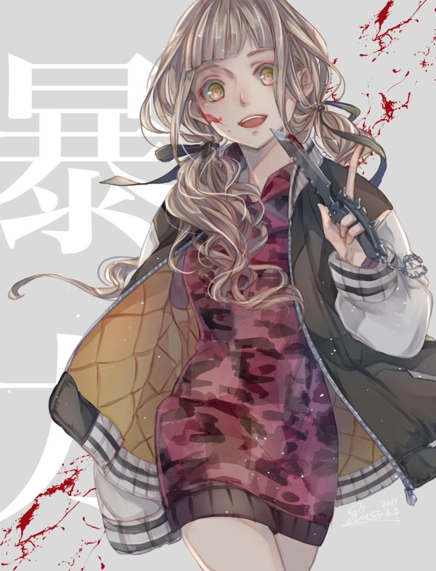 1girl, :d, blonde_hair, blood, blood_on_face, bloody_weapon, cartolaio, grey_background