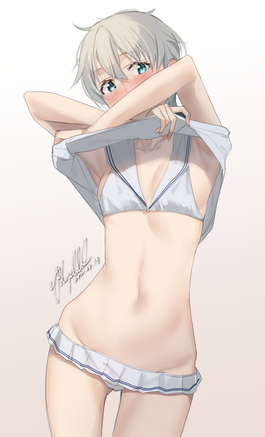 1girl, absurdres, bikini, bikini_skirt, blue_eyes, blush, breasts, clothes_lift