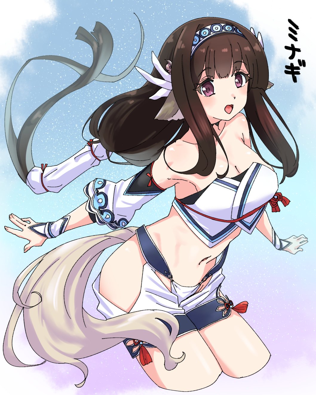 1girl, absurdly_long_hair, ainu_clothes, animal_ears, aquaplus, breasts, brown_hair, cleavage