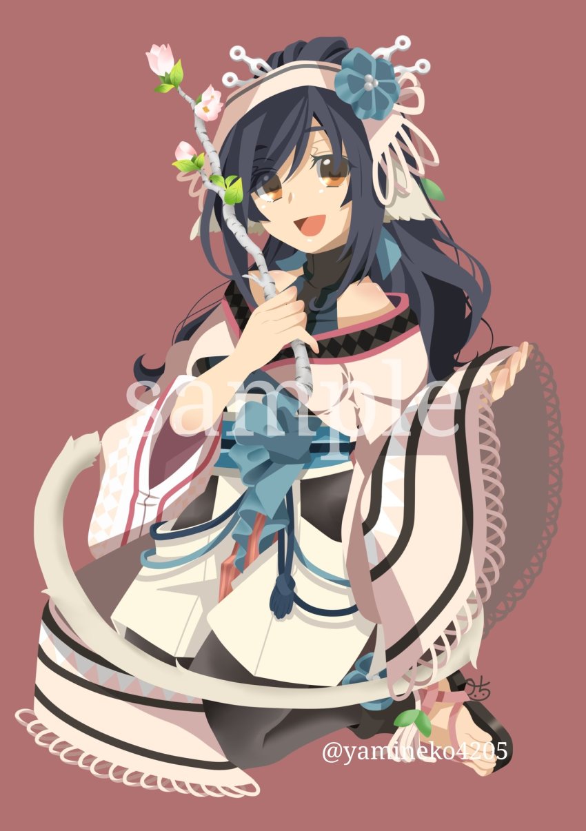 1girl, :d, ainu_clothes, animal_ears, aquaplus, black_hair, branch, breasts