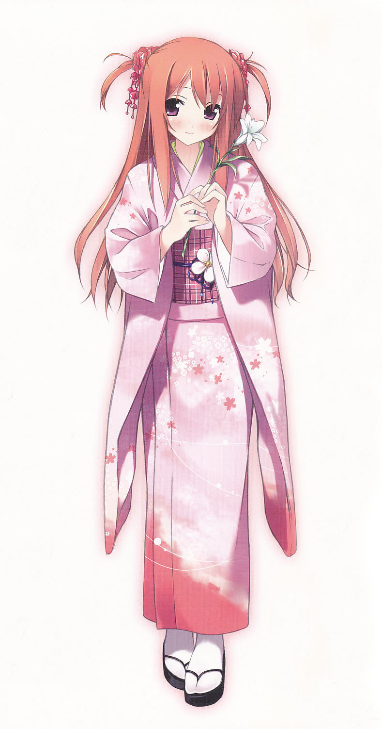 1girl, blush, female_focus, floral_print, flower, full_body, furisode, hair_ornament, highres, holding, holding_flower, japanese_clothes, kantoku, kimono, kurumi_(kantoku), lily_(flower), long_hair, long_sleeves, non-web_source, obi, original, pink_kimono, plaid_clothes, plaid_sash, purple_eyes, red_hair, sash, scan, short_twintails, simple_background, smile, solo, standing, tabi, twintails, two_side_up, white_background, white_legwear, wide_sleeves, yukata