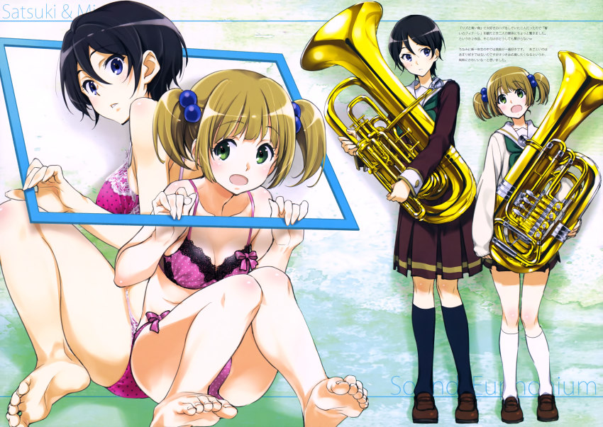 2girls, absurdres, bare_shoulders, barefoot, beads, black_hair, black_socks, blonde_hair