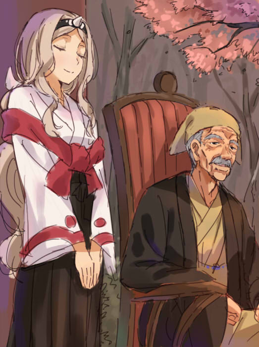 1boy, 1girl, age_difference, aquaplus, breasts, chair, closed_mouth, closed_eyes, facial_hair, grey_hair, hat, headband, honoka_(utawarerumono:_itsuwari_no_kamen), husband_and_wife, japanese_clothes, kimono, long_hair, long_sleeves, miko, mito_(utawarerumono:_itsuwari_no_kamen), mustache, short_hair, sidelocks, sitting, small_breasts, smile, standing, tree, utawarerumono, utawarerumono:_itsuwari_no_kamen, very_long_hair, wavy_hair, werkbau, wrinkled_skin