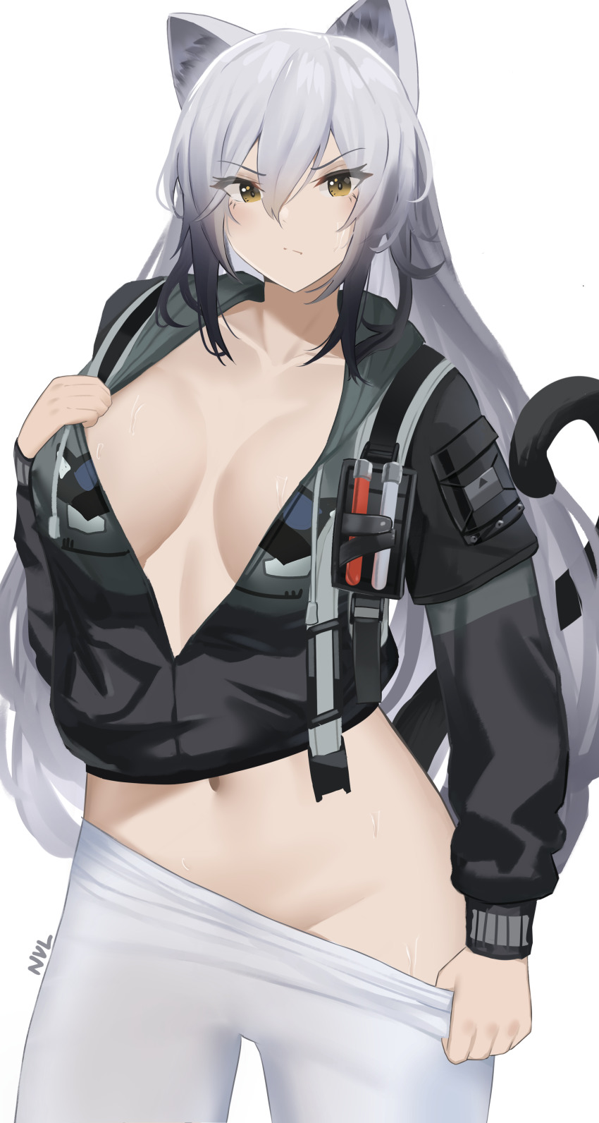 1girl, absurdres, animal_ears, arknights, bad_id, bad_pixiv_id, black_jacket, breasts