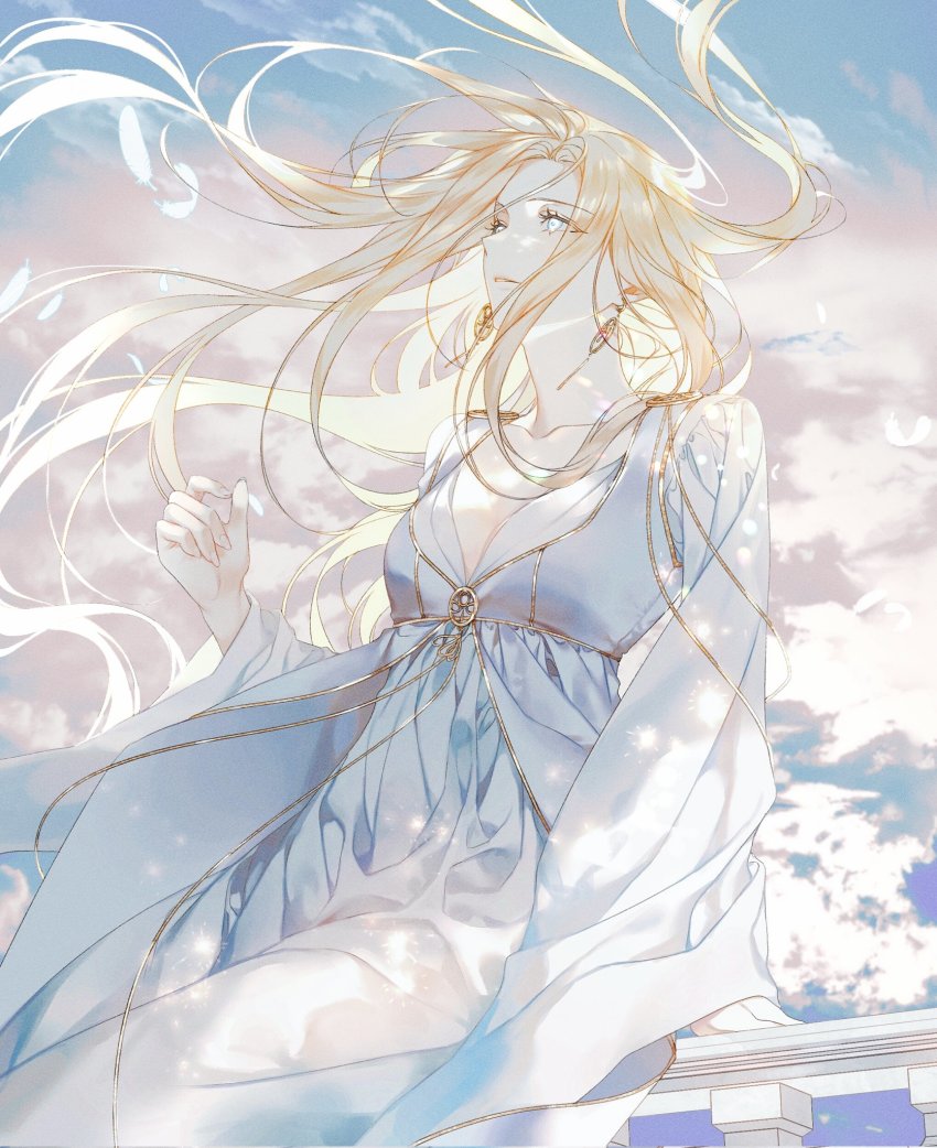 1girl, blonde_hair, cloud, cloudy_sky, collarbone, dress, ea_ateu, earrings