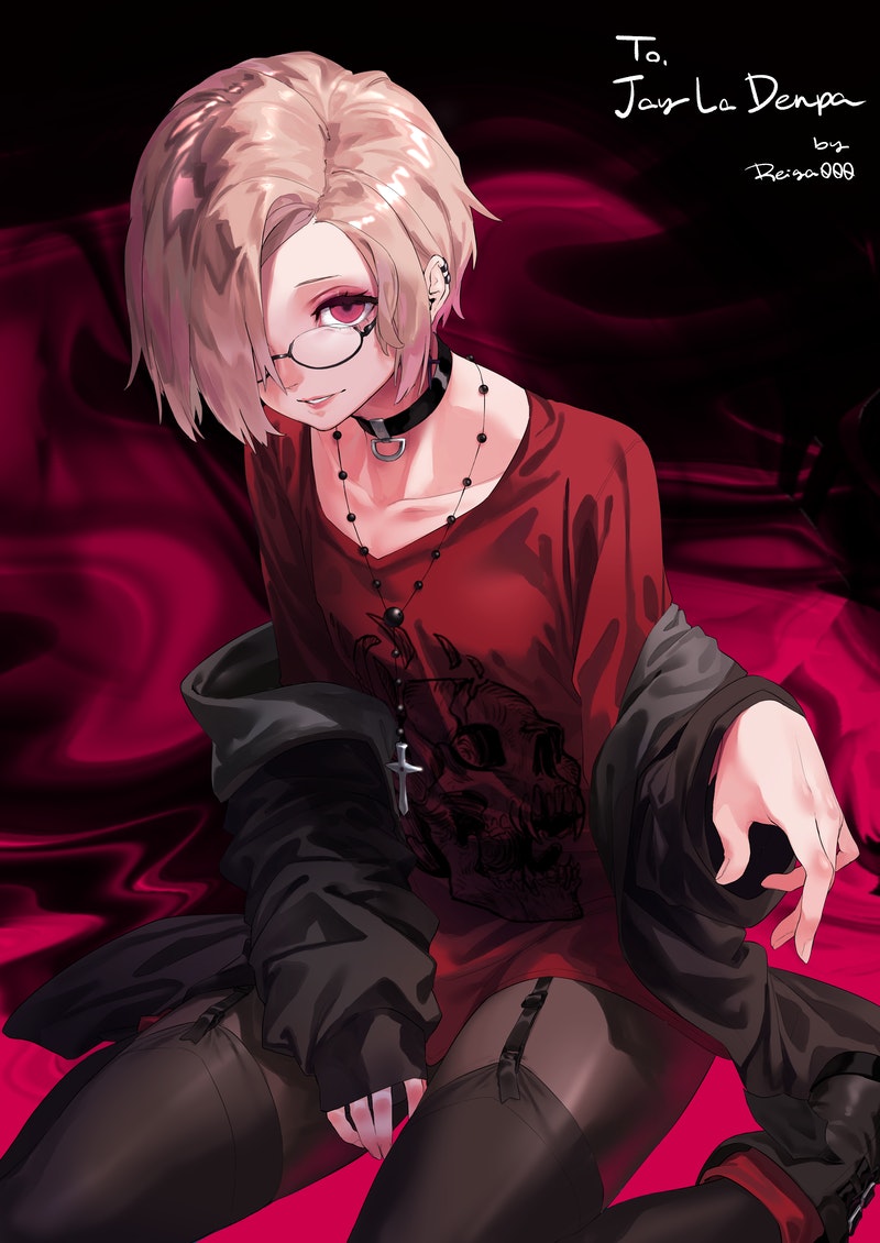 1girl, black-framed_eyewear, black_choker, black_pantyhose, blonde_hair, brown_thighhighs, choker, commission