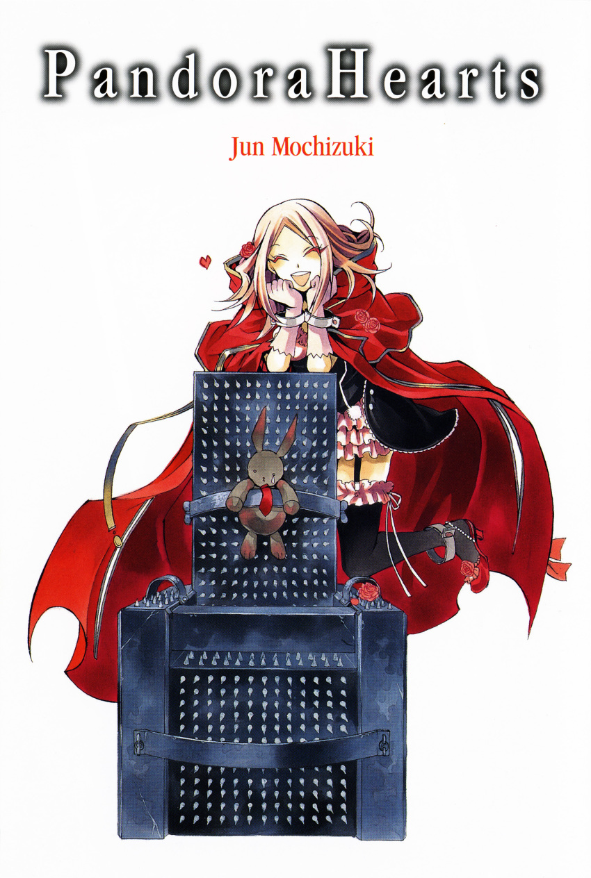 00s, 1girl, :d, absurdres, breasts, cape, charlotte_(pandora_hearts), cleavage, cloak, closed_eyes, cuffs, female_focus, fishnets, flower, gloves, heart, high_heels, highres, long_hair, lotti, mochizuki_jun, necktie, official_art, open_mouth, pandora_hearts, pink_hair, rabbit, red_eyes, rose, shoes, smile, solo, spikes, stuffed_animal, stuffed_rabbit, stuffed_toy, tears, thighhighs, zettai_ryouiki