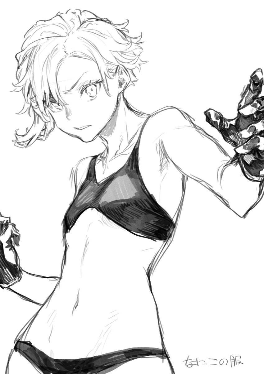 1girl, absurdres, bare_shoulders, bra, cowboy_shot, gloves, greyscale, highres