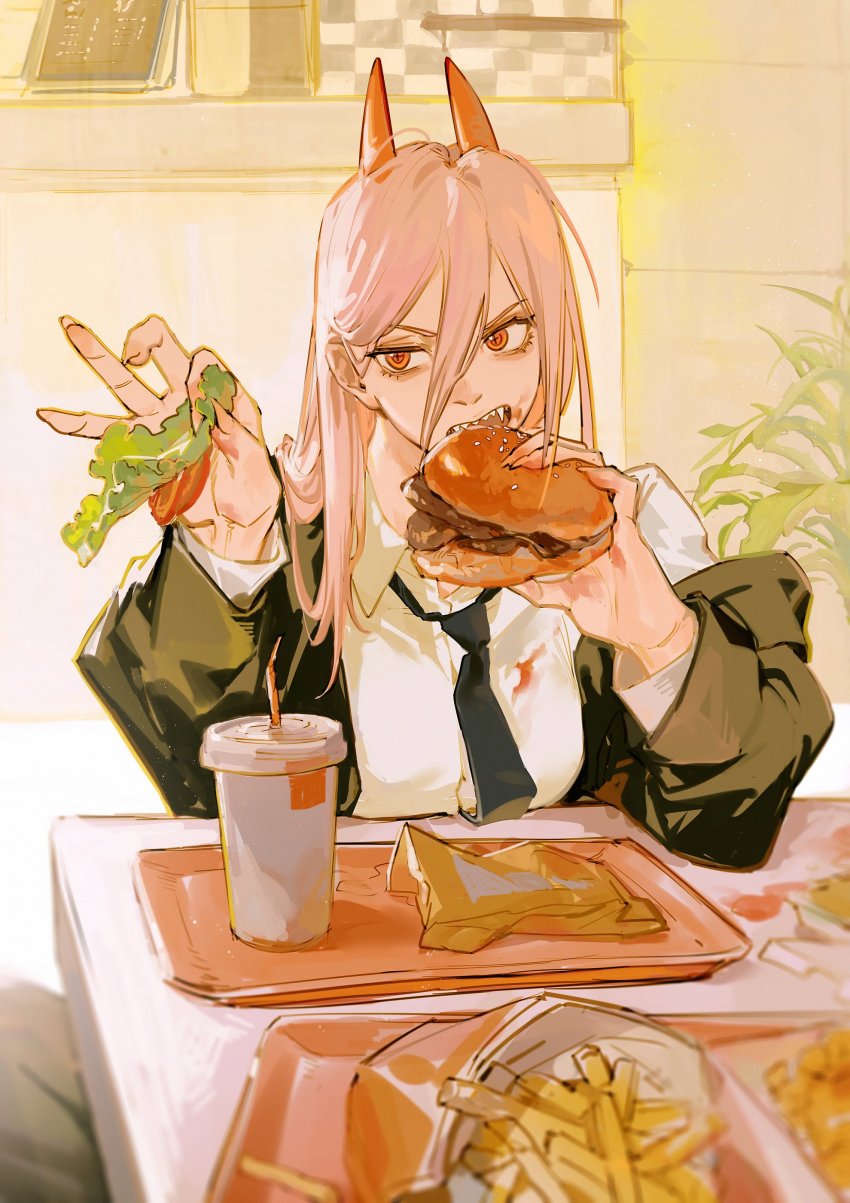 +_+, 1girl, absurdres, argentum_1121, black_jacket, black_necktie, black_pants, breasts, burger, business_suit, chainsaw_man, collared_shirt, cross-shaped_pupils, crosshair_pupils, cup, demon_horns, disposable_cup, drinking_straw, eating, elbows_on_table, facing_viewer, fast_food, fingernails, food, formal_clothes, french_fries, hair_behind_ear, hair_between_eyes, highres, holding, holding_food, horns, jacket, ketchup, lettuce, long_hair, long_sleeves, medium_breasts, necktie, off_shoulder, pants, pink_hair, plate, pov, pov_across_table, power_(chainsaw_man), red_eyes, red_horns, restaurant, sharp_fingernails, sharp_teeth, shirt, sitting, solo, stained_clothes, suit, symbol-shaped_pupils, table, teeth, tomato, white_shirt