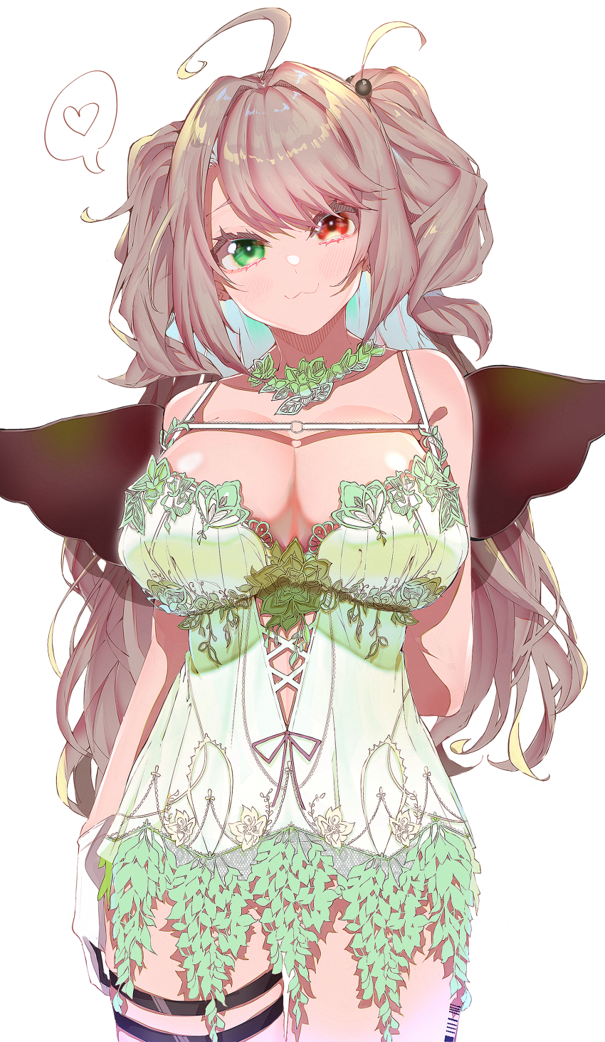 1girl, :3, absurdres, ahoge, arm_behind_back, breasts, cleavage, curly_hair