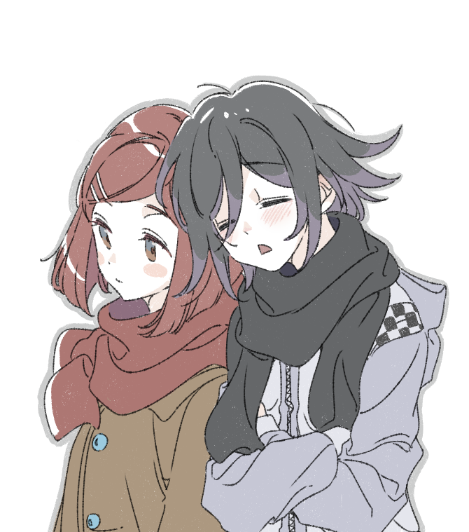 1boy, 1girl, alternate_costume, black_hair, black_scarf, blush, blush_stickers, brown_hair