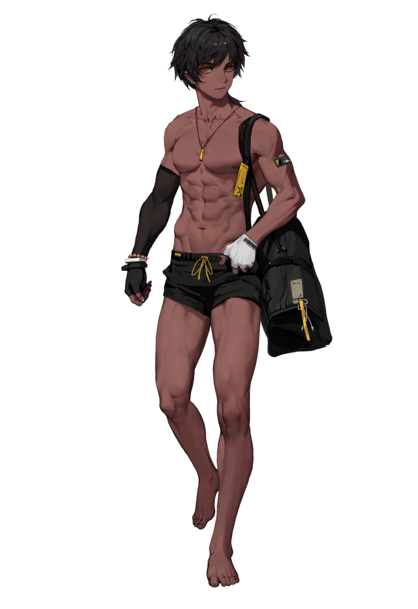 1boy, abs, arknights, bag, black_hair, dark_skin, diaodiao, gloves