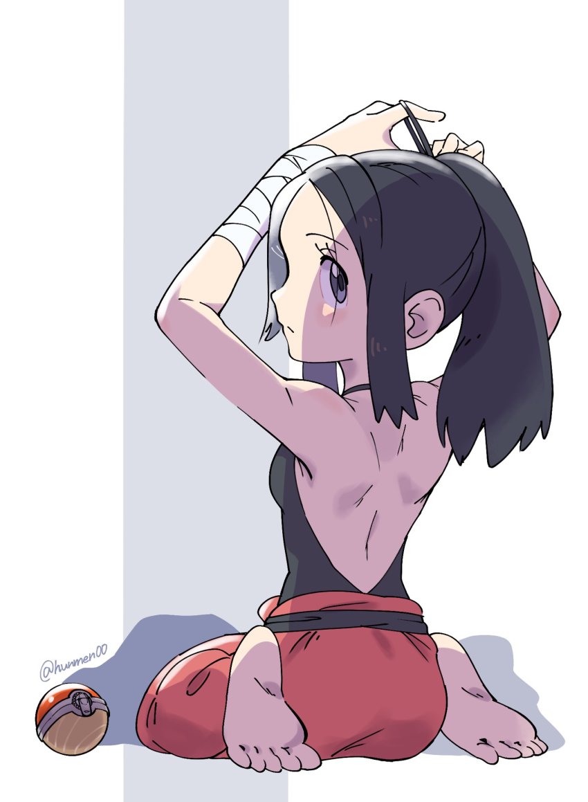 1girl, adjusting_hair, akari_(pokemon), alternate_costume, arm_wrap, arms_up, backless_shirt, barefoot, black_hair, blush, closed_mouth, commentary, eyelashes, feet, full_body, grey_eyes, hair_tie, highres, hisuian_poke_ball, holding, hungry_seishin, looking_at_viewer, looking_back, nintendo, no_bra, pants, poke_ball, pokemon, pokemon_legends:_arceus, ponytail, red_pants, shoulder_blades, sidelocks, sitting, soles, solo, toes, twitter_username, tying_hair