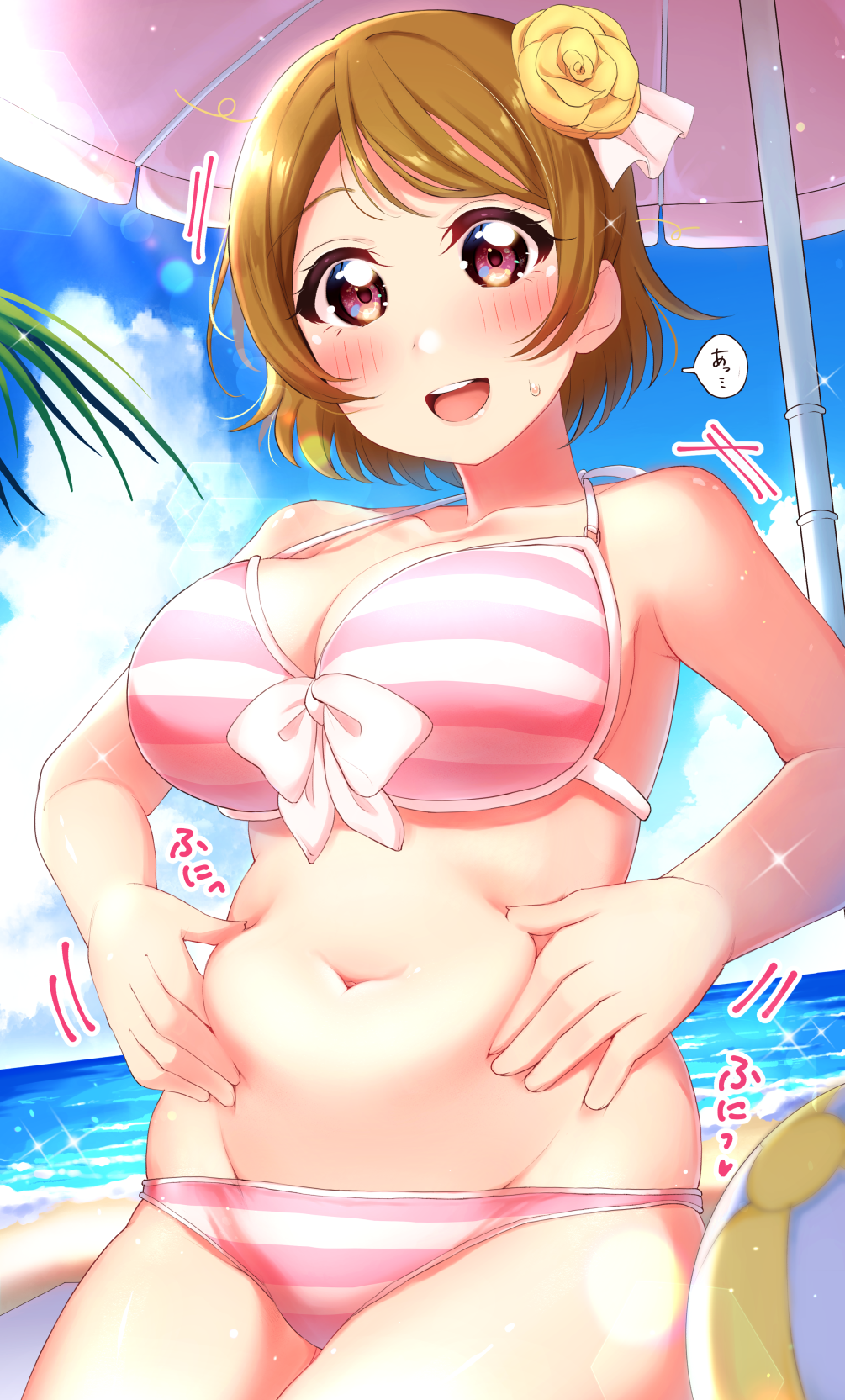 1girl, beach, berisuno_(beriberi0707), bikini, blush, breasts, brown_eyes, cleavage, cloud, flower, flower_on_head, hair_ornament, highres, koizumi_hanayo, large_breasts, light_brown_hair, looking_at_viewer, love_live!, love_live!_school_idol_project, medium_hair, navel, ocean, open_mouth, parasol, pinching_own_belly, plump, short_hair, sky, smile, solo, sweatdrop, swimsuit, umbrella, water