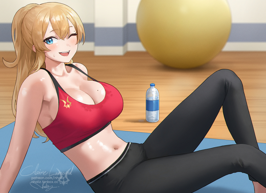 1girl, ;d, arm_support, artist_name, ball, bare_shoulders, black_pants, blonde_hair