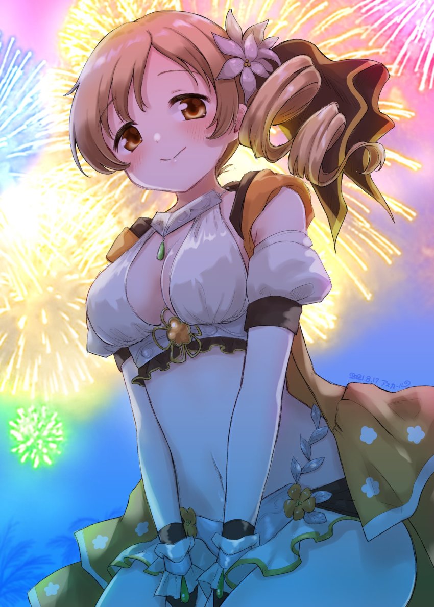 1girl, asukaru_(magika_ru), bikini, blonde_hair, blush, breasts, brown_eyes, cleavage, dated, drill_hair, fireworks, highres, looking_at_viewer, magia_record:_mahou_shoujo_madoka_magica_gaiden, mahou_shoujo_madoka_magica, medium_breasts, night, sky, smile, solo, swimsuit, tomoe_mami, tomoe_mami_(swimsuit_ver.), twin_drills, twintails