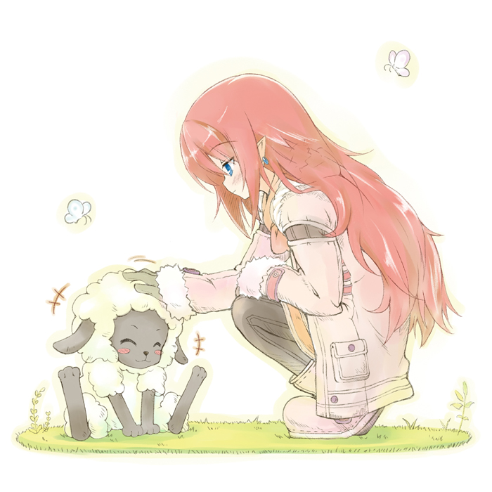 1girl, bad_id, bad_pixiv_id, blue_eyes, blush, boots, earrings, female_focus, gloves, headpat, horns, jacket, jewelry, long_hair, murasa_kisanagi, pointy_ears, red_hair, rune_factory, rune_factory_3, scarf, sheep, sheep_horns, solo, toona, very_long_hair, wooly