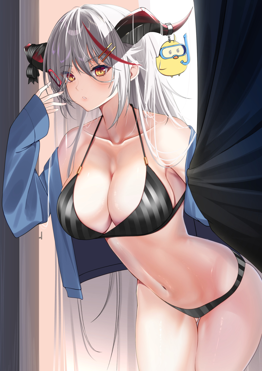 1girl, aegir_(azur_lane), ahoge, alternate_costume, azur_lane, bikini, black_bikini, black_ribbon