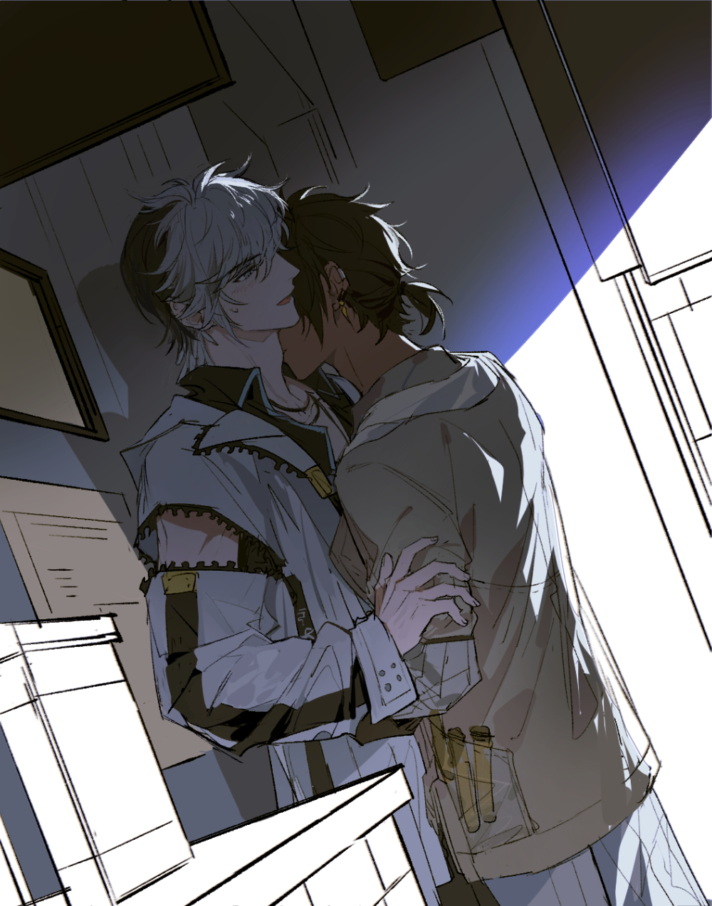 2boys, arknights, black_hair, box, brown_coat, chinese_commentary, coat, commentary_request, dark-skinned_male, dark_skin, dutch_angle, earclip, earrings, elysium_(arknights), grey_eyes, hand_on_another's_arm, highres, indoors, jewelry, kiss, kissing_neck, long_sleeves, male_focus, multicolored_hair, multiple_boys, necklace, open_mouth, short_hair, sweatdrop, test_tube, thorns_(arknights), white_coat, white_hair, xiandao1213, yaoi