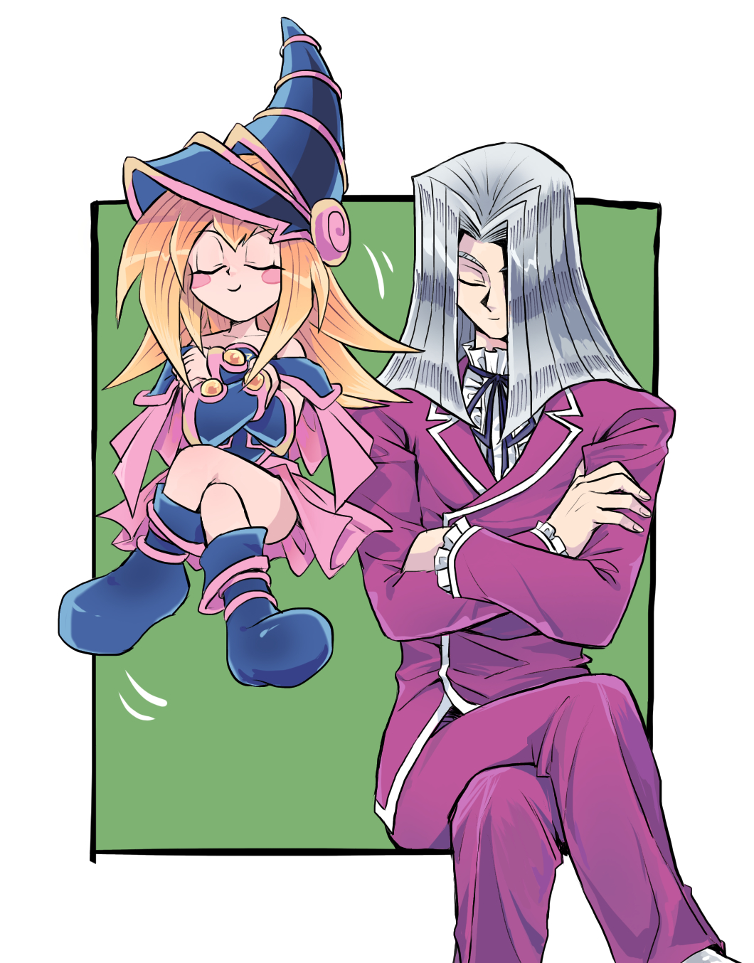 1boy, 1girl, blonde_hair, blush_stickers, boots, closed_eyes, crossed_arms, crossed_legs, dark_magician_girl, feet_out_of_frame, fingernails, floating, frilled_shirt_collar, frills, hair_over_one_eye, hat, highres, long_hair, neck_ribbon, pants, pegasus_j_crawford, ribbon, roku_(rokkrn), silver_hair, sitting, toon_dark_magician_girl, yu-gi-oh!, yu-gi-oh!_duel_monsters