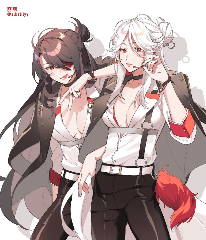 2girls, :d, alkalilyy, alternate_costume, beidou_(genshin_impact), belt, black_hair, black_pants, bracelet, breasts, choker, cleavage, collarbone, cosplay, ensemble_stars!, eyepatch, genshin_impact, hair_between_eyes, hair_ornament, hair_over_one_eye, hairpin, hat, headset, highres, holding, holding_unworn_clothes, holding_unworn_hat, jewelry, long_hair, looking_at_viewer, multiple_girls, ningguang_(genshin_impact), open_mouth, pants, red_eyes, ring, short_sleeves, sidelocks, simple_background, smile, suspenders, twitter_username, unworn_hat, unworn_headwear, white_background, white_hair