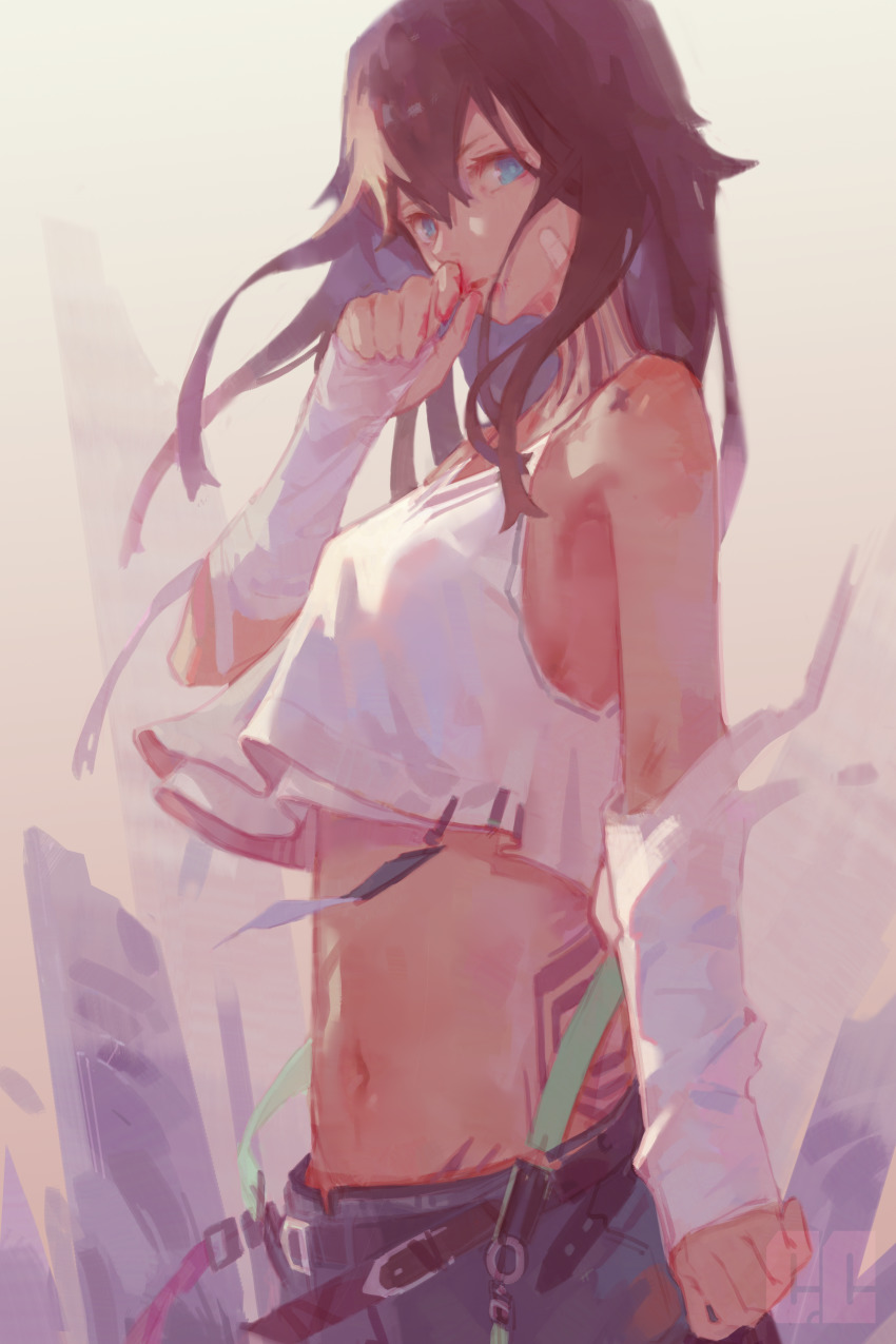 1girl, absurdres, arknights, bandaid, bandaid_on_face, bare_shoulders, beige_background, belt