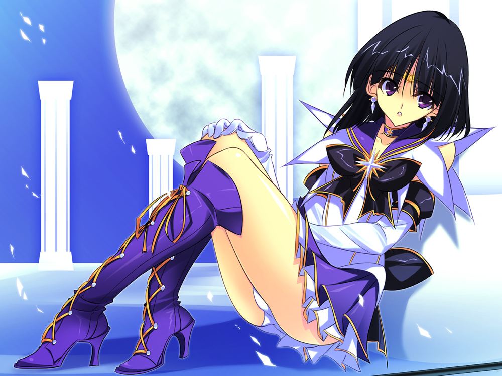 1990s_(style), 1girl, bishoujo_senshi_sailor_moon, black_bow, boots, bow, brooch, female_focus, jewelry, knee_boots, kobayashi_chisato, magical_girl, panties, pantyshot, purple_boots, purple_eyes, purple_skirt, retro_artstyle, sailor_moon_musical, sailor_saturn, shoes, skirt, solo, star_brooch, thighs, tomoe_hotaru, underwear, upskirt