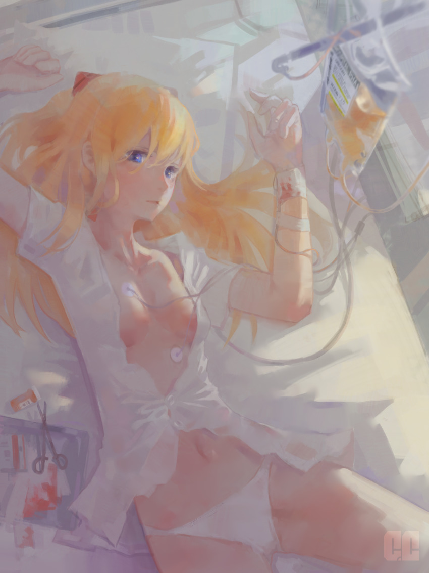 1girl, absurdres, arms_up, bandaged_arm, bandages, bed, blood, blood_bag